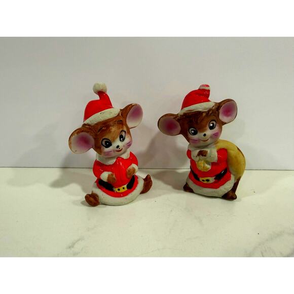 Vintage Santa Mouse Figurines, Taiwan Ceramic Pair, Christmas Shelf Sitter Decor - Picture 10 of 11